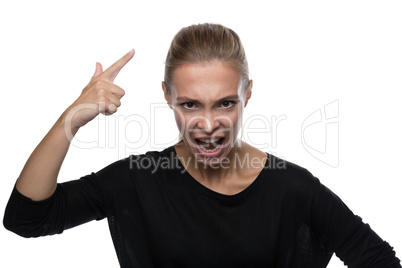 Portrait of angry woman on white background