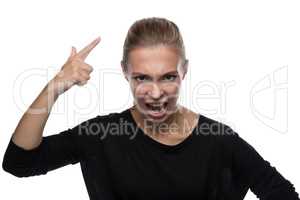 Portrait of angry woman on white background