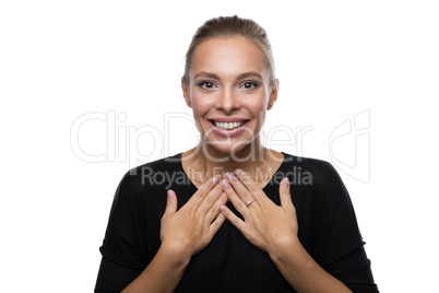 Portrait of surprised woman on white background