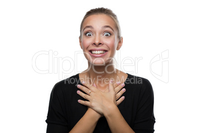 Portrait of surprised woman on white background