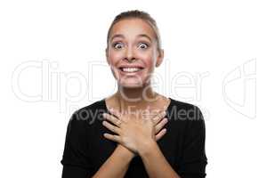 Portrait of surprised woman on white background