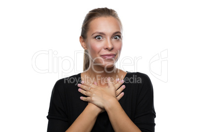 Portrait of surprised woman on white background