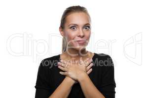 Portrait of surprised woman on white background