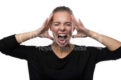 Portrait of stressed woman on white background