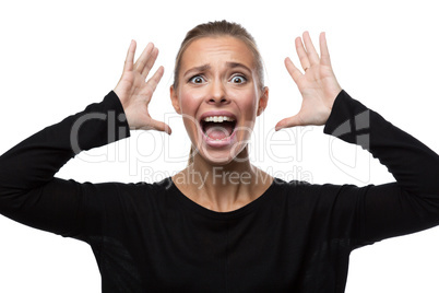 Portrait of stressed woman on white background