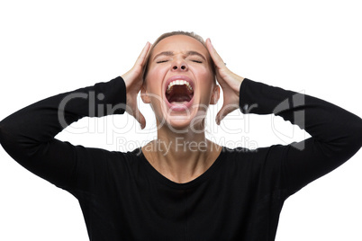 Portrait of stressed woman on white background