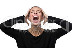 Portrait of stressed woman on white background