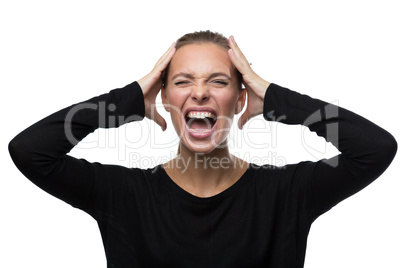 Portrait of stressed woman on white background