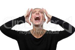 Portrait of stressed woman on white background