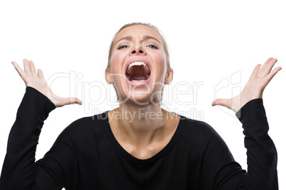 Portrait of stressed woman on white background