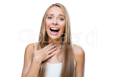 Portrait of surprised woman on white background