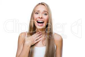 Portrait of surprised woman on white background