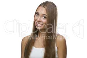 Portrait of beautiful woman on white background