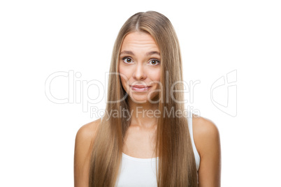 Portrait of beautiful woman on white background