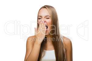 Woman yawns of boredom on white background