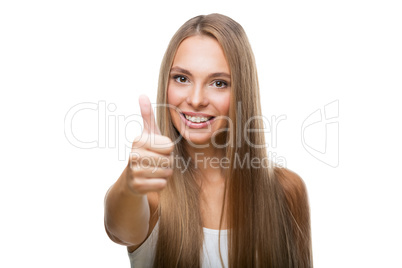 Portrait of beautiful woman show thumb up