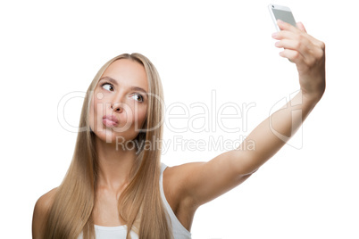 beautiful woman make selfie on white background