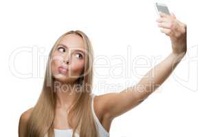 beautiful woman make selfie on white background