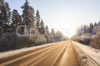 Winter road through snowy forests