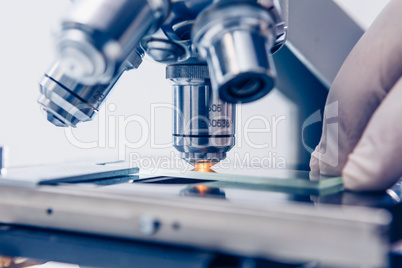 Scientist hands with microscope