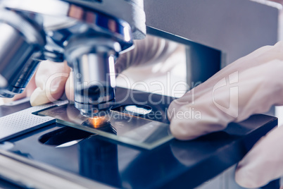 Scientist hands with microscope