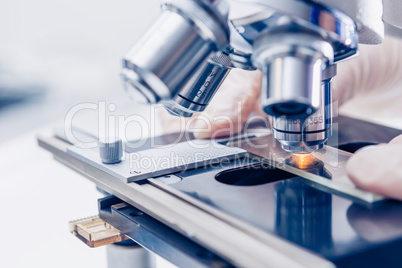 Scientist hands with microscope