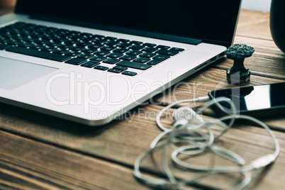 Workplace with open laptop on modern wooden desk