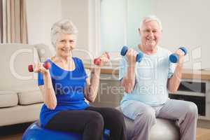 Portrait of senior couple sitting on fitness balls with dumbbell