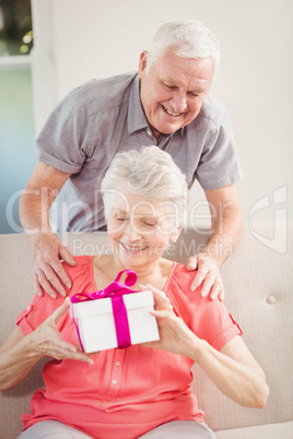 Senior man giving a surprise gift to senior woman