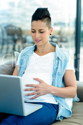 Pregnant woman relaxing on sofa with her laptop Pregnant woman relaxing on sofa with her laptop