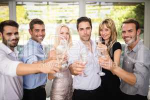 Group of friends holding glasses of champagne