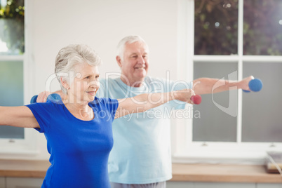 Senior couple performing stretching exercise