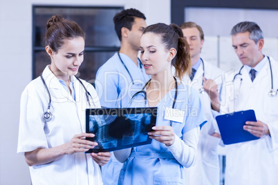 Female doctors checking x ray reports