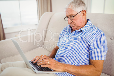 Senior man using laptop in living room