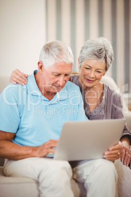 Senior man using laptop in living room