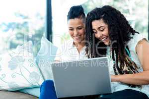 Happy lesbian couple using laptop
