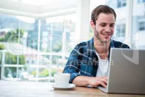 Handsome man working on laptop with cup of coffee