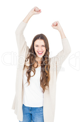 Triumphant woman raising fist