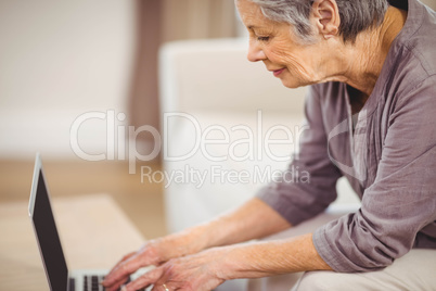 Senior woman using laptop in living room