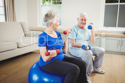 Senior couple sitting on fitness balls with dumbbells