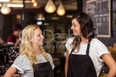 Pretty waitresses posing in front of the counter