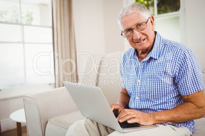 Senior man using laptop in living room