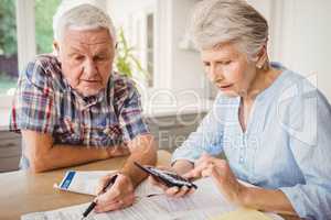Worried senior couple checking their bills