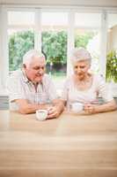 Senior couple talking to each other while having coffee