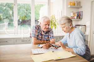 Worried senior couple checking their bills