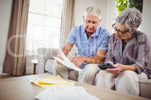 Senior man showing documents to woman