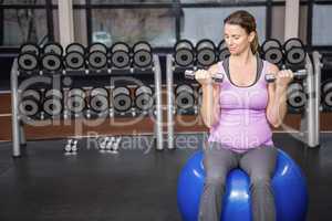 Determined woman lifting dumbbells on fitness ball