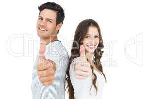 Couple standing back to back with thumbs up