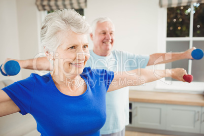 Senior couple performing stretching exercise