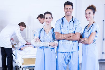 Group of doctors discussing and examining x-ray report